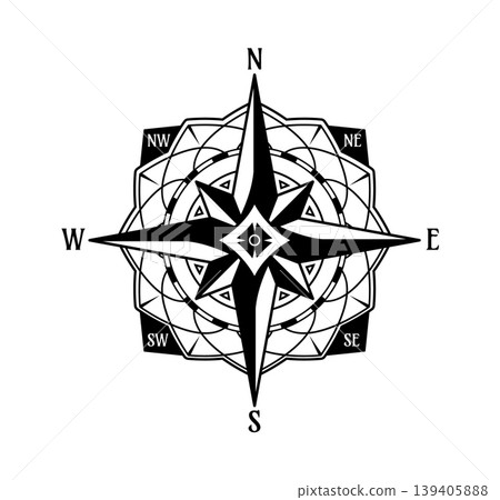 Vintage geography map compass rose sign. Medieval geography map wind rose, old pirate treasure navigation isolated direction symbol. Vintage historical discovery era monochrome compass 139405888