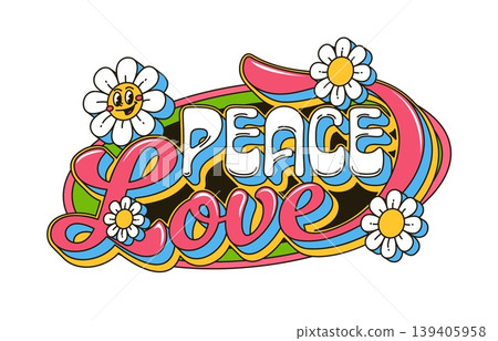 Cartoon groovy hippie lettering peace love. Psychedelic vector typography with flowers and smiling daisies. Retro y2k vibe bold curved letters expressing 60s 70s nostalgic positivity, freedom and love Cartoon groovy hippie lettering peace love. Psychedelic vector typography with flowers and smiling daisies. Retro y2k vibe bold curved letters expressing 60s 70s nostalgic positivity, freedom and love 139405958