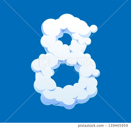 Cartoon fluffy cloudy sky font number 8 eight. Heaven mist typography digit, fluffy smoke typeface isolated vector number. White cloud font figure or white cloudy sky type numeral symbol Cartoon fluffy cloudy sky font number 8 eight. Heaven mist typography digit, fluffy smoke typeface isolated vector number. White cloud font figure or white cloudy sky type numeral symbol 139405959