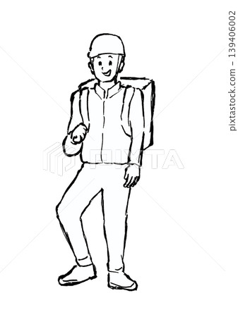 Hand-drawn illustration of an Uber Eats delivery driver (monochrome line drawing) Hand-drawn illustration of an Uber Eats delivery driver (monochrome line drawing) 139406002