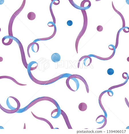 Seamless watercolor purple and blue confetti and serpentine pattern on white background. 139406017