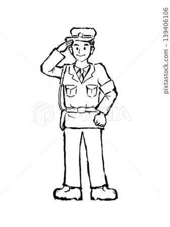 Hand-drawn illustration of a police officer, black and white, line drawing. Hand-drawn illustration of a police officer, black and white, line drawing. 139406106