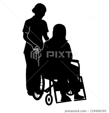 Silhouette of a nursing scene where a nurse pushes a wheelchair with a patient in it. 139406395