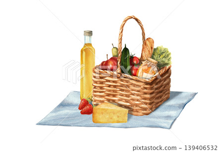 Farm produce in a basket on a napkin. Isolated watercolor illustration for farmer's market, picnic, and grocery store materials. Farm produce in a basket on a napkin. Isolated watercolor illustration for farmer's market, picnic, and grocery store materials. 139406532