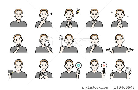 A set of avatars featuring various facial expressions of a young man. 139406645