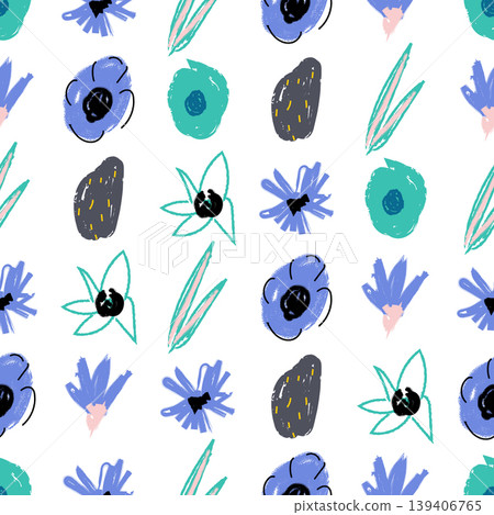Vibrant blue, green floral pattern with hand drawn botanical elements spreading across white background, offering cheerful, whimsical visual texture 139406765