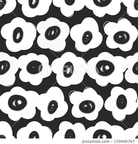 Hand drawn doodle floral seamless pattern in black and white, monochrome abstract blossoms and petals for backgrounds, textiles, wallpaper, packaging and surface design 139406767