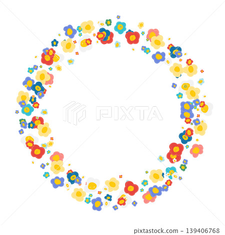 Round flower wreath with cute flowers and leaves. Vector illustration for greeting cards, posters, invitations, prints 139406768