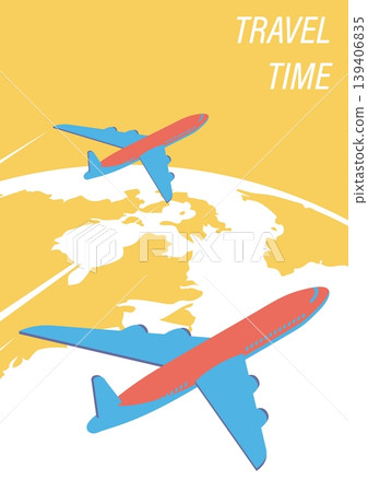 Isometric A4 vertical retro banner with passenger planes flying against the backdrop of planet Earth. 3D cartoon vector isolated on white background 139406835