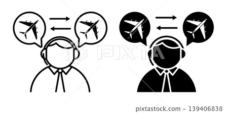 Linear icon. Airport dispatcher manages airplane flights by coordinating the actions of pilots. Simple black and white vector isolated on white background Linear icon. Airport dispatcher manages airplane flights by coordinating the actions of pilots. Simple black and white vector isolated on white background 139406838