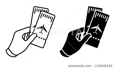 Linear icon. Hand holds purchased airline tickets. Simple black and white vector isolated on white background Linear icon. Hand holds purchased airline tickets. Simple black and white vector isolated on white background 139406839