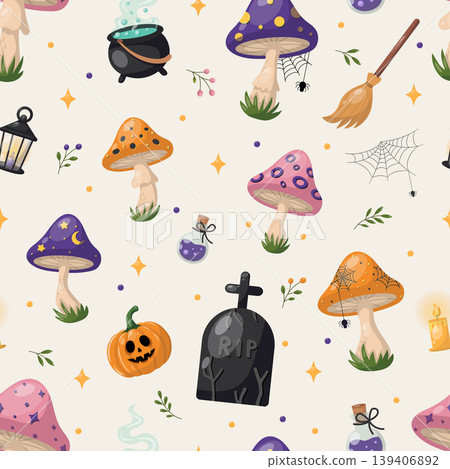 A Halloween-themed seamless pattern with cute magic mushrooms, pumpkins, a witch's hat, potion bottles, and stars on a light background. Flat cartoon vector illustration, a whimsical autumn design A Halloween-themed seamless pattern with cute magic mushrooms, pumpkins, a witch's hat, potion bottles, and stars on a light background. Flat cartoon vector illustration, a whimsical autumn design 139406892