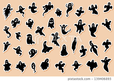 A set of Halloween ghost stickers on a light background A set of Halloween ghost stickers on a light background 139406893