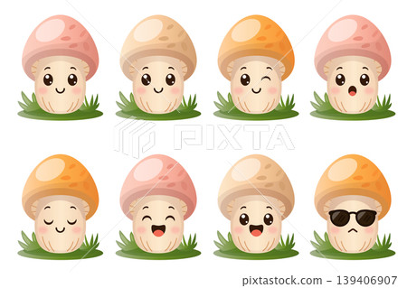 Cute cartoon mushroom characters with different emotions. Kawaii style vector set with funny faces. Perfect for kids design, stickers, patterns and nursery projects Cute cartoon mushroom characters with different emotions. Kawaii style vector set with funny faces. Perfect for kids design, stickers, patterns and nursery projects 139406907