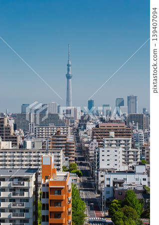 Tokyo's residential area and the Tokyo Skytree: The city's symbol visible through the green trees. 139407094