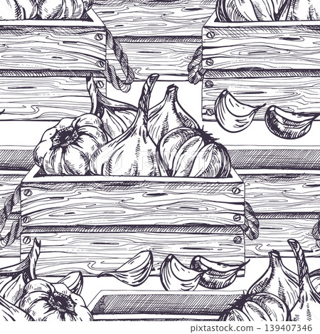 Garlic bulbs and cloves in wooden box. Hand drawn ink illustration of vegetables for harvest festival and culinary concept. Seamless pattern background for farm market packaging design. Garlic bulbs and cloves in wooden box. Hand drawn ink illustration of vegetables for harvest festival and culinary concept. Seamless pattern background for farm market packaging design. 139407346