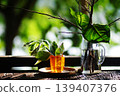 Beautiful fresh green plants and dry twigs branch in glass jar decorated on wooden table outdoor of terrace in natural sunlight 139407376