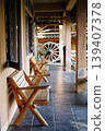Close up old wooden chair and bench outdoor on terrace in country home in Thailand 139407378