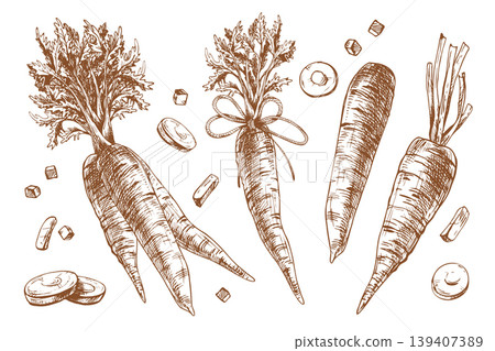 Hand drawn sketch of carrots. Ink illustration of fresh root vegetable with tops. Graphic line art harvest set for food packaging, organic shop design and menu decoration. Simple style. Hand drawn sketch of carrots. Ink illustration of fresh root vegetable with tops. Graphic line art harvest set for food packaging, organic shop design and menu decoration. Simple style. 139407389