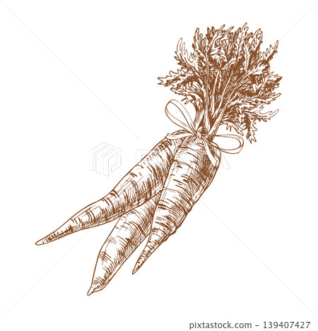 Hand drawn bunch of carrots tied with ribbon. Ink illustration of fresh vegetable for farm market, cooking recipe or grocery packaging. Vintage graphic sketch in outline style. Hand drawn bunch of carrots tied with ribbon. Ink illustration of fresh vegetable for farm market, cooking recipe or grocery packaging. Vintage graphic sketch in outline style. 139407427