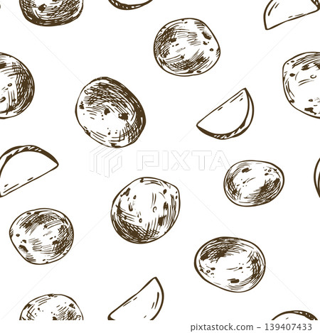 Hand drawn seamless pattern with baby potato sketches. Graphic ink illustration of vegetables for kitchen, restaurant menu, grocery shop packaging, farm market design and culinary background. Hand drawn seamless pattern with baby potato sketches. Graphic ink illustration of vegetables for kitchen, restaurant menu, grocery shop packaging, farm market design and culinary background. 139407433