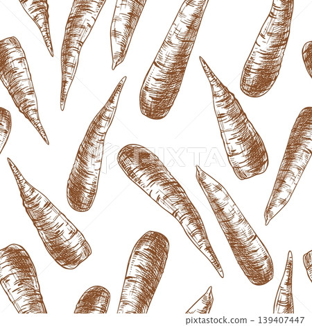 Seamless pattern with hand drawn carrots sketched in ink. Botanical vector illustration of vegetable for packaging, menu design, harvest background and healthy eating concept. Line art style. Seamless pattern with hand drawn carrots sketched in ink. Botanical vector illustration of vegetable for packaging, menu design, harvest background and healthy eating concept. Line art style. 139407447