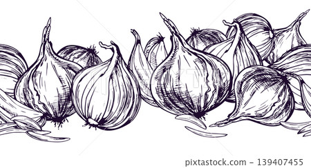 Hand drawn sketch illustration of onion bulbs in ink line art style. Horizontal border design featuring fresh vegetable for grocery store branding, culinary menu and organic food packaging. Hand drawn sketch illustration of onion bulbs in ink line art style. Horizontal border design featuring fresh vegetable for grocery store branding, culinary menu and organic food packaging. 139407455