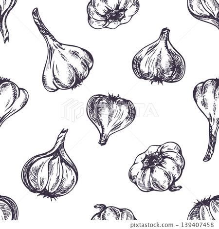 Hand drawn garlic pattern in ink sketch style. Seamless wallpaper with vegetable illustration. Graphic line art design for food background, menu decor, textile print and kitchen concept. Hand drawn garlic pattern in ink sketch style. Seamless wallpaper with vegetable illustration. Graphic line art design for food background, menu decor, textile print and kitchen concept. 139407458