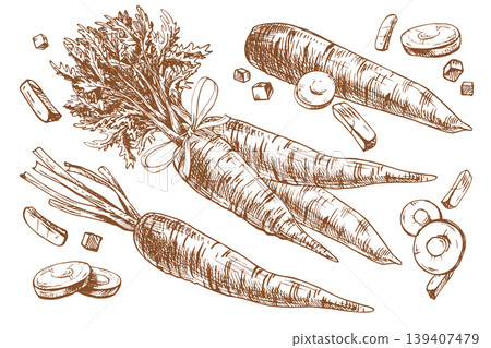 Carrots vegetable drawing with ink pen. Hand drawn monochrome outline illustration of fresh raw crop for kitchen menu, farming package and organic food healthy cooking design element. Carrots vegetable drawing with ink pen. Hand drawn monochrome outline illustration of fresh raw crop for kitchen menu, farming package and organic food healthy cooking design element. 139407479