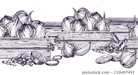 Hand drawn sketch of onions in wooden crate. Ink illustration of fresh vegetable harvest for grocery store design and food packaging. Monochromatic line art drawing of produce. Hand drawn sketch of onions in wooden crate. Ink illustration of fresh vegetable harvest for grocery store design and food packaging. Monochromatic line art drawing of produce. 139407491