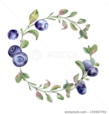 Watercolor blueberry wreath with green leaves isolated white. Hand drawn illustration of wild bilberry circle frame for package health product. Fresh berry foliage decoration for invitation card. Watercolor blueberry wreath with green leaves isolated white. Hand drawn illustration of wild bilberry circle frame for package health product. Fresh berry foliage decoration for invitation card. 139407702