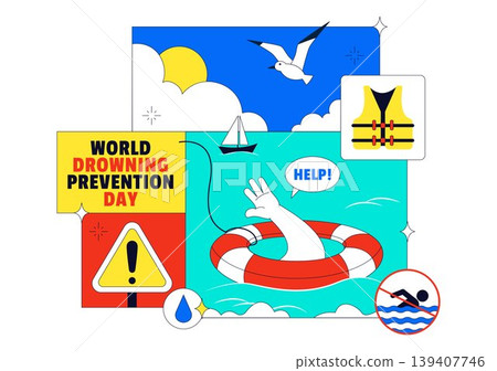 World Drowning Prevention Day Vector Illustration Featuring Water Safety Awareness Lifebuoy Rescue Warning Signs Ocean Accident Prevention Design World Drowning Prevention Day Vector Illustration Featuring Water Safety Awareness Lifebuoy Rescue Warning Signs Ocean Accident Prevention Design 139407746