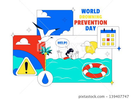 World Drowning Prevention Day Vector Illustration Featuring Water Safety Awareness Lifebuoy Rescue Warning Signs Ocean Accident Prevention Design World Drowning Prevention Day Vector Illustration Featuring Water Safety Awareness Lifebuoy Rescue Warning Signs Ocean Accident Prevention Design 139407747