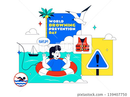 World Drowning Prevention Day Vector Illustration Featuring Water Safety Awareness Lifebuoy Rescue Warning Signs Ocean Accident Prevention Design World Drowning Prevention Day Vector Illustration Featuring Water Safety Awareness Lifebuoy Rescue Warning Signs Ocean Accident Prevention Design 139407750