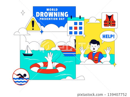 World Drowning Prevention Day Vector Illustration Featuring Water Safety Awareness Lifebuoy Rescue Warning Signs Ocean Accident Prevention Design World Drowning Prevention Day Vector Illustration Featuring Water Safety Awareness Lifebuoy Rescue Warning Signs Ocean Accident Prevention Design 139407752
