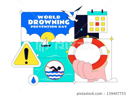 World Drowning Prevention Day Vector Illustration Featuring Water Safety Awareness Lifebuoy Rescue Warning Signs Ocean Accident Prevention Design World Drowning Prevention Day Vector Illustration Featuring Water Safety Awareness Lifebuoy Rescue Warning Signs Ocean Accident Prevention Design 139407755