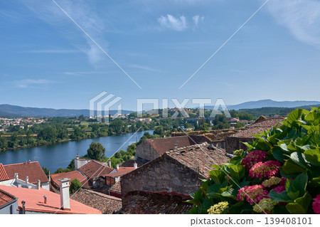 Panoramic view of the Minho River and rural landscape looking towards Portugal from Tui Cathedral on a sunny day Panoramic view of the Minho River and rural landscape looking towards Portugal from Tui Cathedral on a sunny day 139408101