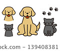 A set of cute illustrations of dogs and cats, including full body shots, close-ups of faces, and paw prints. 139408381