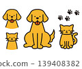 A set of yellow illustrations of dogs and cats, including full body shots, close-ups of faces, and paw prints. 139408382