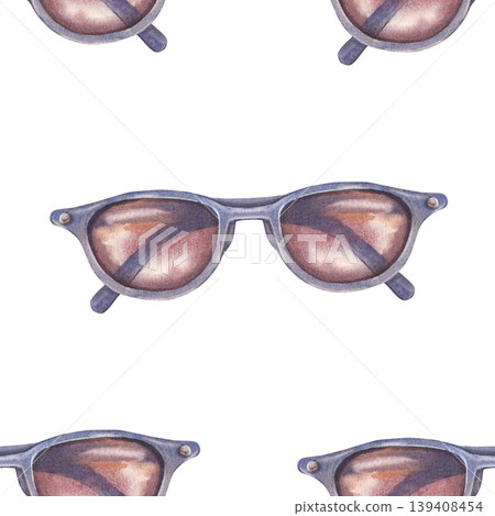 Blue sunglasses with brown lenses seamless pattern. Hand-painted watercolor illustration isolated on white for fashion, traveling branding, printing on textile, packaging, posters, stationary, decor Blue sunglasses with brown lenses seamless pattern. Hand-painted watercolor illustration isolated on white for fashion, traveling branding, printing on textile, packaging, posters, stationary, decor 139408454