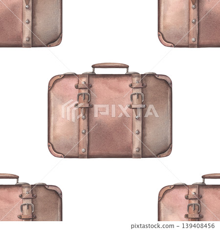Closed vintage leather suitcase seamless pattern. Hand-painted watercolor illustration isolated on white for branding, printing on textile, wallpaper, packaging, stationery, travel blog, design, decor Closed vintage leather suitcase seamless pattern. Hand-painted watercolor illustration isolated on white for branding, printing on textile, wallpaper, packaging, stationery, travel blog, design, decor 139408456