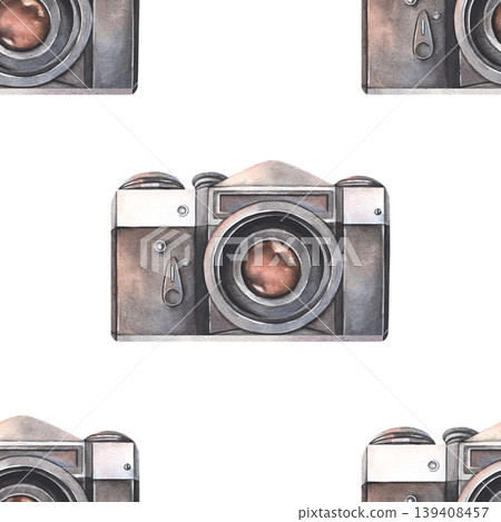 Vintage compact camera seamless pattern. Hand-painted watercolor illustration isolated on white for tourism branding, blogs, printing on textile, packaging, photography projects, hipster design Vintage compact camera seamless pattern. Hand-painted watercolor illustration isolated on white for tourism branding, blogs, printing on textile, packaging, photography projects, hipster design 139408457