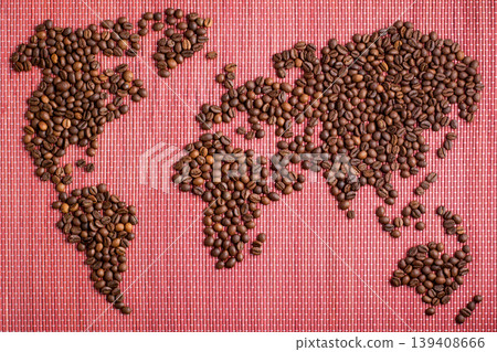 The map of the world made of roasted coffee beans at the background of red bamboo The map of the world made of roasted coffee beans at the background of red bamboo 139408666