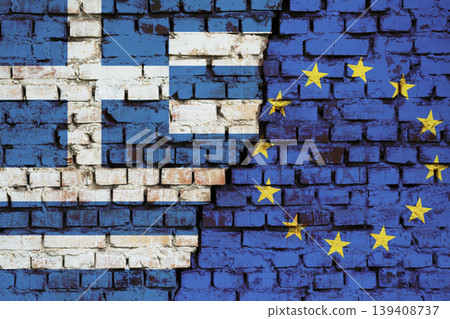 Flags of Greece and European Union on the brick wall with big crack in the middle. Symbol of problems between the country and the union Flags of Greece and European Union on the brick wall with big crack in the middle. Symbol of problems between the country and the union 139408737