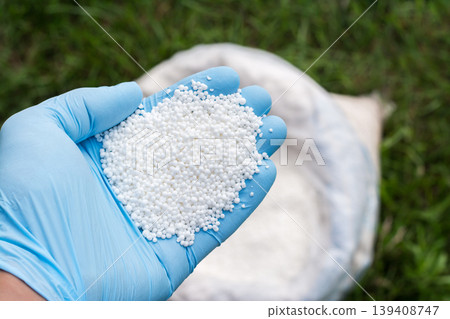 Farmer`s hand in blue glove holds white granular fertilizer against a green lawn and a bag on it 139408747