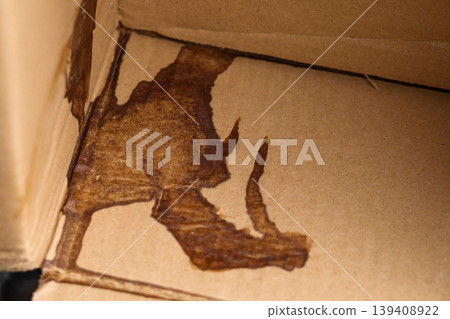 Damaged cardboard shipping box with liquid stain. Wet packaging material showing leakage and delivery accident. Logistics problem concept Damaged cardboard shipping box with liquid stain. Wet packaging material showing leakage and delivery accident. Logistics problem concept 139408922