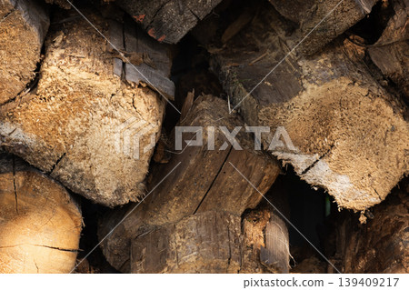 Close-up of stacked firewood logs showing cut wood texture Close-up of stacked firewood logs showing cut wood texture 139409217