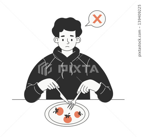Neurodiversity. Sad Man in Hoodie with Unsafe Food. Sensory Aversion and Messy Plate of Tomatoes. Mental Health and Autism Lifestyle Concept. Vector Illustration Minimalistic Drawing. Neurodiversity. Sad Man in Hoodie with Unsafe Food. Sensory Aversion and Messy Plate of Tomatoes. Mental Health and Autism Lifestyle Concept. Vector Illustration Minimalistic Drawing. 139409225
