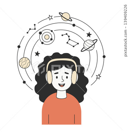 Neurodiversity Life Series. Happy Autistic Woman Person in Headphones Immersed in Special Interest Cosmos. Space, Planets and Knowledge as Visual Metaphor of Infodumping. Vector Illustration. Neurodiversity Life Series. Happy Autistic Woman Person in Headphones Immersed in Special Interest Cosmos. Space, Planets and Knowledge as Visual Metaphor of Infodumping. Vector Illustration. 139409226