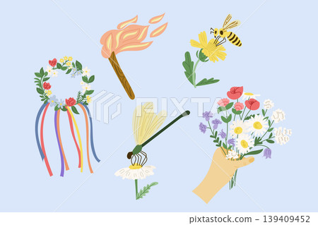 Vibrant illustration showcasing a floral wreath, torch, bee, and hand holding a bouquet of flowers against a light blue backdrop 139409452